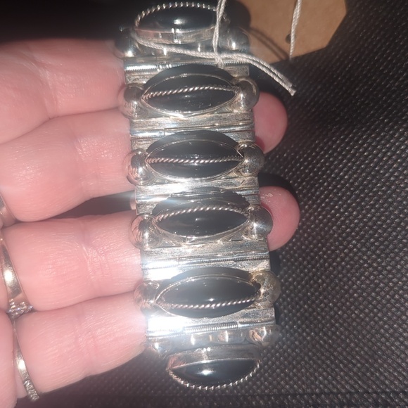 CHUNKY Vintage Mexican Sterling & Onyx Bracelet 1940s Brutalist - Picture 3 of 12